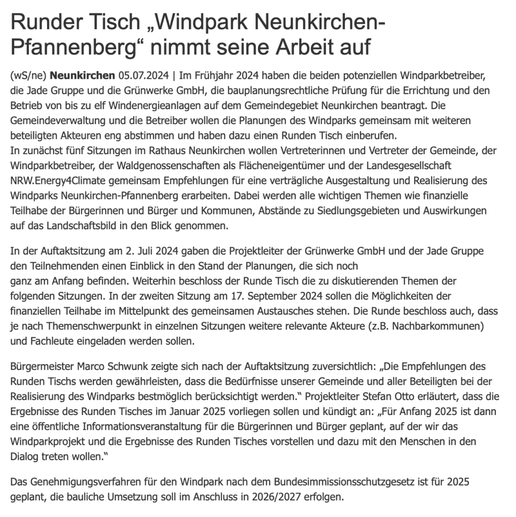 Runder Tisch „Windpark Neunkirchen-Pfannenberg" nimmt Arbeit auf.